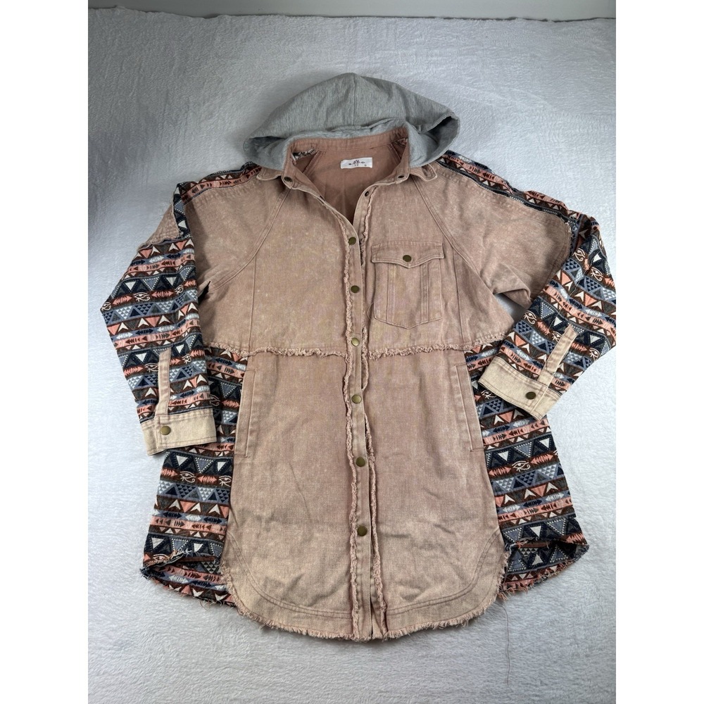Women's Shirt Jacket Oversized Aztec Print Hooded Pink Sz Small‎ Boho Western
